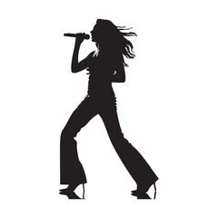 Silhouette of a woman singing with a microphone and long hair