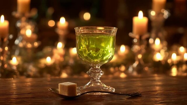 Elegant Absinthe Ritual with Green Liqueur, Sugar Cube, and Flickering Candlelight.