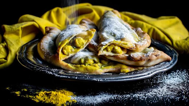 Delicious Savory Pastries with Golden Filling Dusted with Powdered Sugar on a Dark Background.