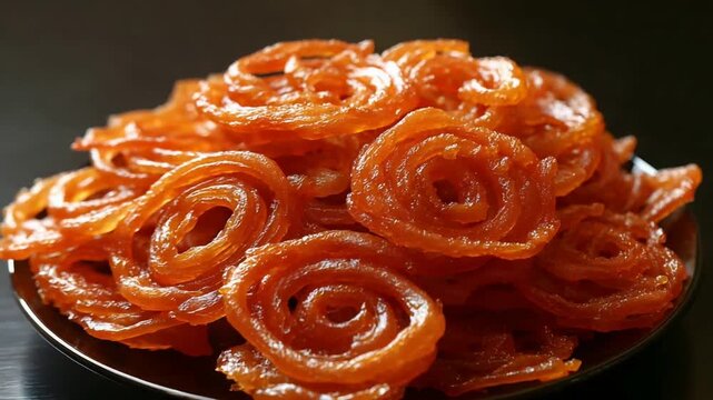 Golden Jalebi Delicious Indian Sweet Delicacy Piled on a Plate, Ready to Serve.