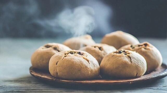 Delicious Hot Steaming Homemade Bread Rolls Served on a Rustic Wooden Plate for Breakfast.