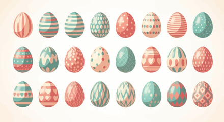 A collection of pastel-colored Easter eggs with various decorative patterns, arranged in rows.