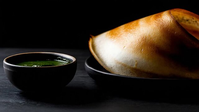 Gourmet Golden Dosa with Fresh Green Chutney in a Minimalist Dark Setting.