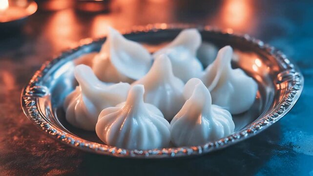 Elegant Plate of Steamed Sweet Dumplings Glowing in Festive Orange and Blue Light.