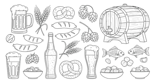 Collection of traditional German beer festival food and drink illustrations.