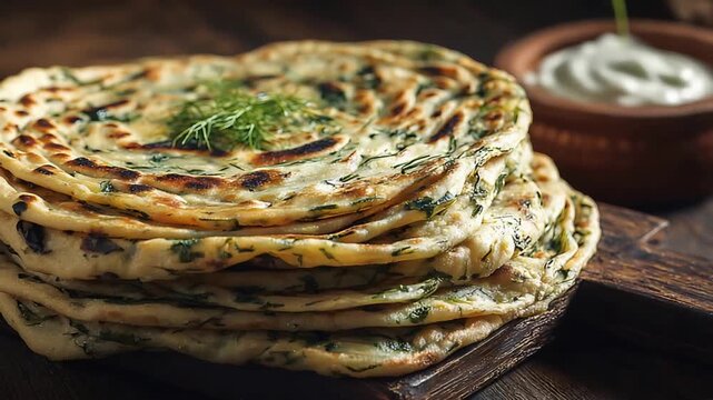Delicious Stack of Savory Herb Flatbreads Ready to Serve with Dipping Sauce.