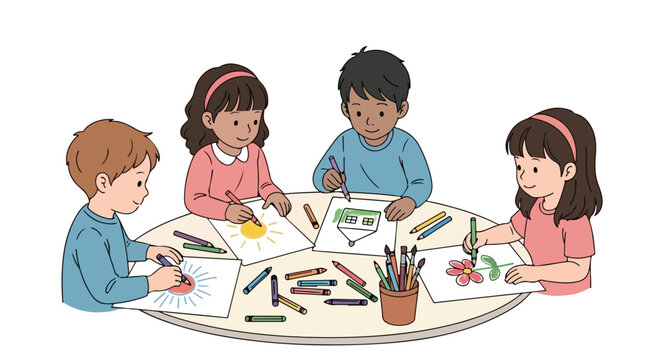 Vector illustration of children studying and coloring together at a table with various art supplies.