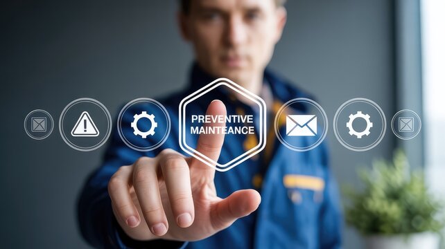 Young man pressing virtual preventive maintenance button on modern digital interface screen in industrial tech
