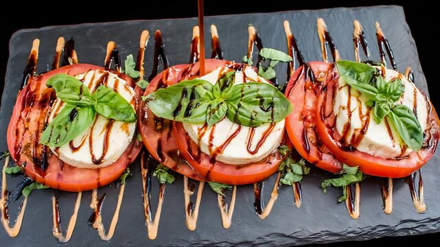 Chef Drizzles Balsamic Glaze Over Fresh Caprese Salad with Ripe Tomatoes and Mozzarella.