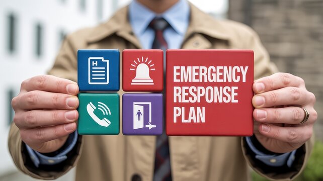 A professional person in a business trench coat holds colorful blocks illustrating an emergency response plan