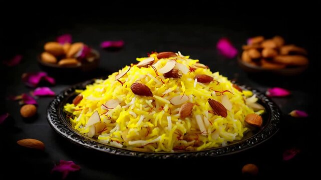 Aromatic Golden Saffron Rice Dish Garnished with Toasted Almonds and Rose Petals on Dark Background.