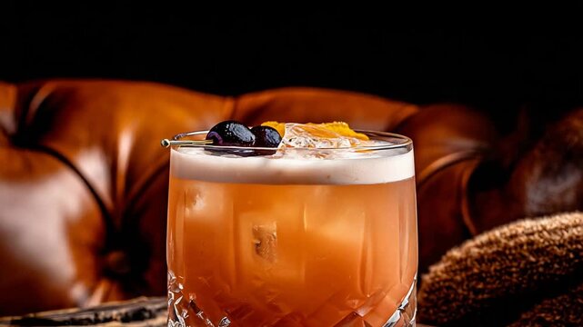Exquisite amber cocktail with frothy top, cherry, and orange garnish in a luxurious setting.
