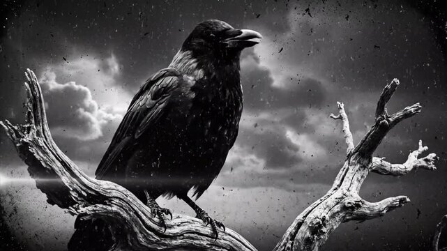 crow perched on a bare branch under a stormy sky, black and white