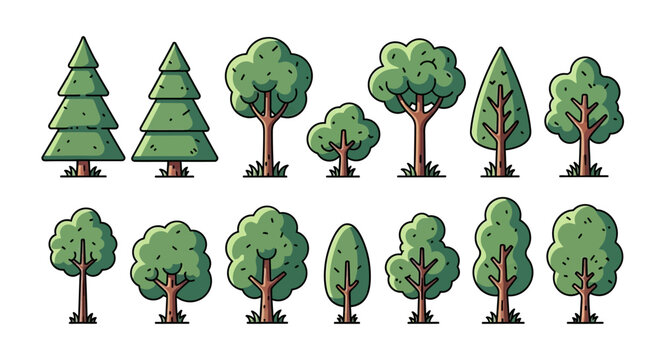A collection of various cartoon-style trees with green foliage and brown trunks, set against a white background.