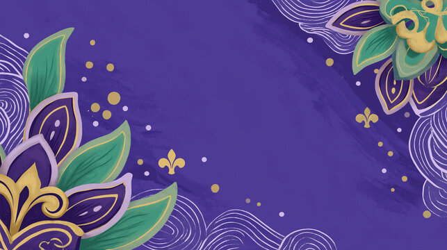 Elegant Mardi Gras fleur-de-lis floral frame on purple background with copy space, decorative illustration