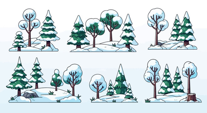 Collection of six distinct pixel art winter forest scenes with snow-covered trees and ground.