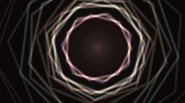 Abstract image of concentric, polygon-shaped lines, blurred, against a dark backdrop