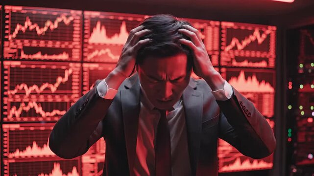 Stressed man in suit before multiple red stock market charts and graphs