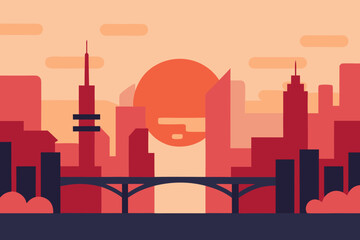 Seoul Sunset Cityscape Vector Illustration 