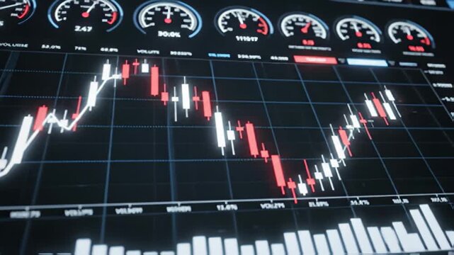 Stock market data analysis display with graph and financial indicators