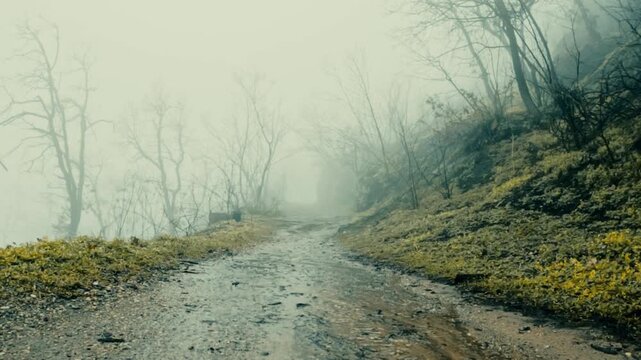 Cinematic POV walk through a misty winter forest. Atmospheric landscape with heavy fog, bare trees, and a muddy trail, ideal for mystery and cinematic storytelling.
