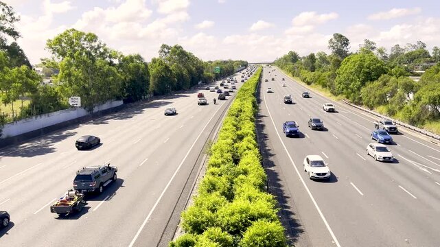 Drone footage of the M1 Motorway between the Gold Coast and Brisbane in Australia.
