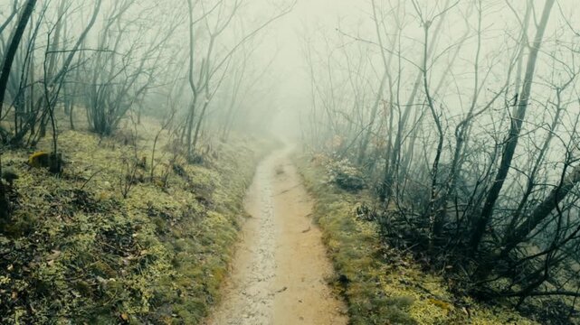 Eerie and spooky winter woods with dense fog. Dramatic POV shot of a lonely path through the misty forest, perfect for horror movie backgrounds or suspenseful scenes.