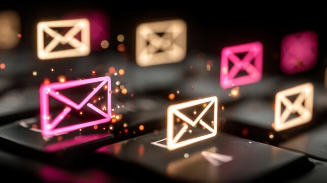 Colorful glowing email icons on modern keyboard keys