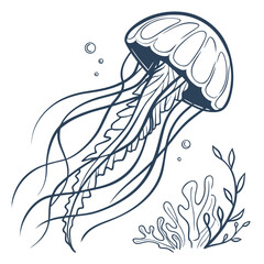 A detailed illustration of a jellyfish with its tentacles flowing in the water. Vector © RABBY MIA