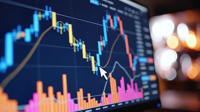 Stock market data analysis on screen with cursor clicking graphs