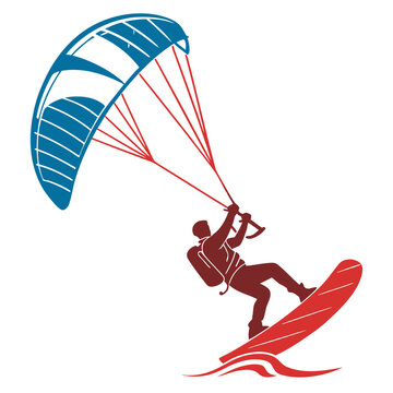 A person is parasailing over the ocean with a colorful parachute. Vector