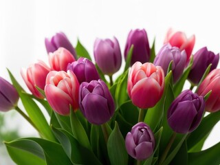 Fototapeta premium A bouquet of pink and purple tulips with green leaves on white background