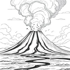 Erupting Volcano Line Art Illustration in Black and White Style © Momo studio