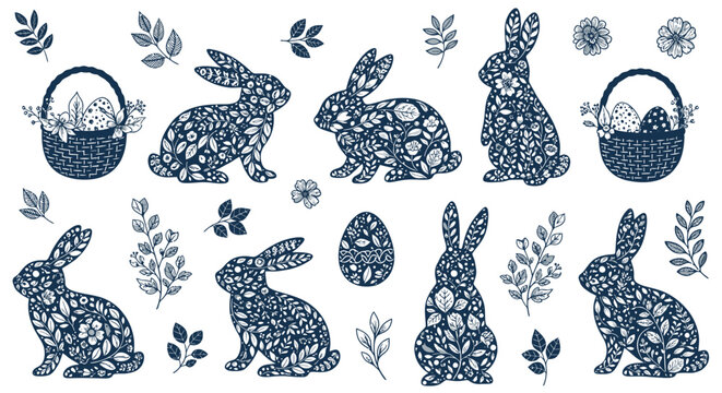 Collection of intricately decorated Easter bunnies and baskets with floral patterns, set against a white background.