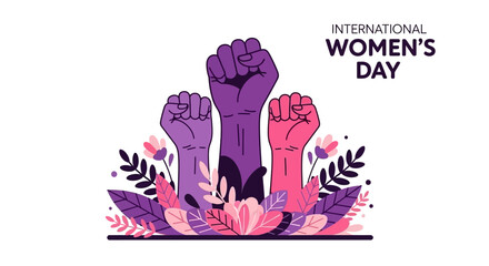 Three raised fists in purple and pink hues, symbolizing International Women's Day with floral accents. © Andi