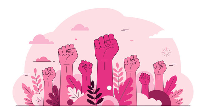 A group of diverse hands raised in solidarity and protest, symbolizing unity and strength.