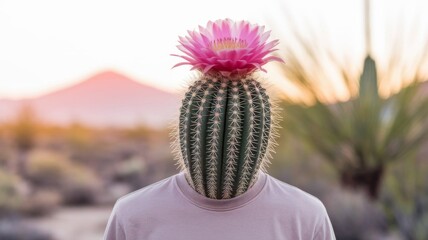 Surreal Cactus Head on Human Body in Desert Landscape