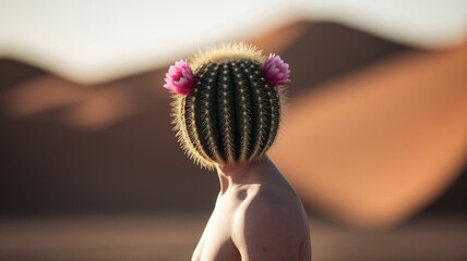 Surreal Cactus Head on Human Body in Desert Landscape