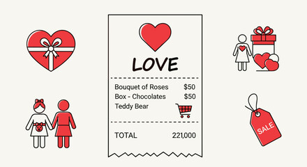 Valentines Day Love Receipt Invoice Heart Gift.