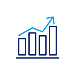 Outline bar chart with an ascending blue line graph and arrow, representing financial growth, market trend, and data analysis.