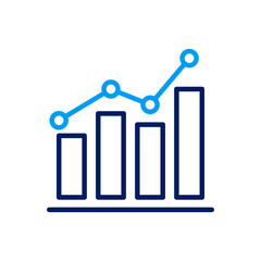 Blue outline bar chart with an ascending line graph overlay, representing financial growth and data analysis.