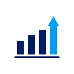 Solid blue bar chart with a prominent upward arrow on the tallest bar, symbolizing business growth and success.