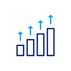 Blue outline bar chart with multiple upward arrows, depicting incremental financial growth and sequential progress.