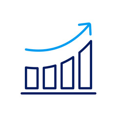 An outline bar chart with increasing columns and a blue upward curving arrow indicating financial growth and market progress.