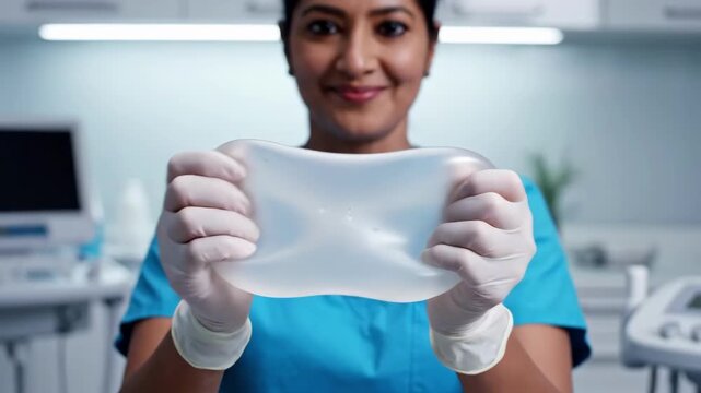Nurse Clinic Demonstrating Breast Implant Stretch And Texture, Female Nurse Holds Silicone Implant With Gloved Hands, Smiling Reassuring Expression, Sterile Consultation Room And Medical Equipment.