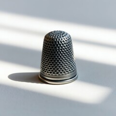 Silver thimble on a white surface with light and shadow.
