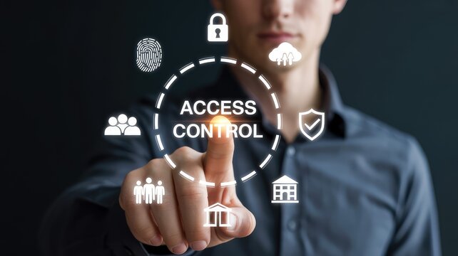 Man touches virtual access control system interface with security and data icons on a dark background
