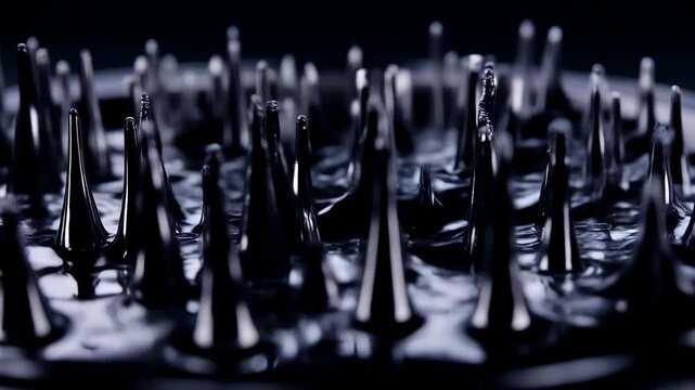 Abstract black ferrofluid spikes moving under magnetic field. Scientific metallic liquid texture background.