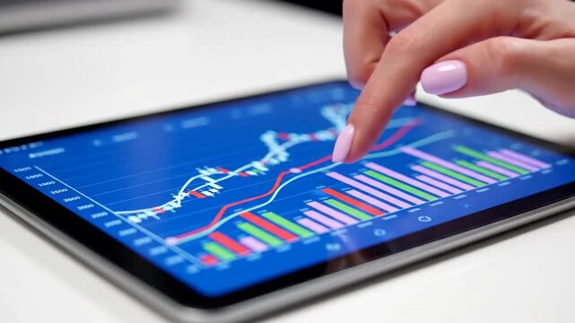 Tablet displaying business graph charts with finger interacting on screen