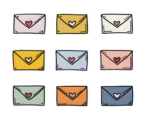 Cute Colorful Envelopes Doodle Illustration PNG Transparent Background